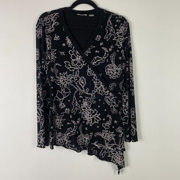 Chico's Tops - Chicos Travelers Asymmetric Tunic Womens 2 US Large Slinky Black White Floral